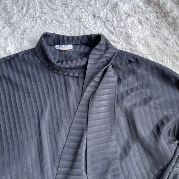 Vintage‎ 90s tie neck bow blouse black striped satin jacquard long sleeve M - Picture 6 of 16